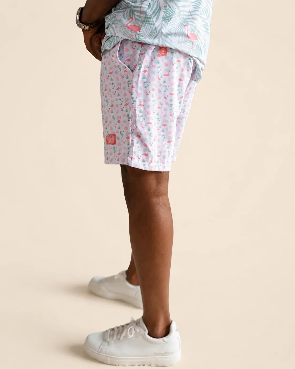 The Flamingo Sunrise Hybrid Swim Shorts (T1D Pump Pocket Version) — view 6 | Palmr Style