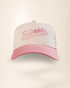 A structured baseball cap with a white crown and a pink brim, featuring the word 'Florida' embroidered in pink script across the front.