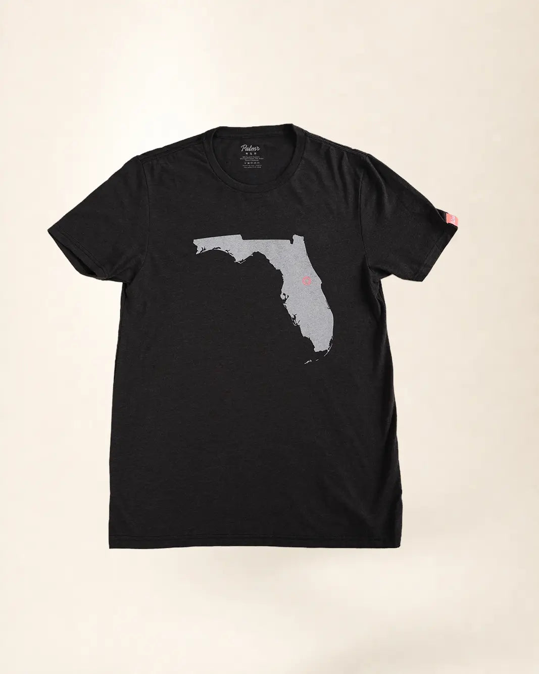 A black short-sleeve t-shirt with a gray silhouette graphic of the state of Florida on the front, laid flat against a light beige background.