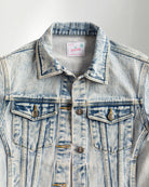 Denim jacket with a colorful parrot design on the back, worn by a person.