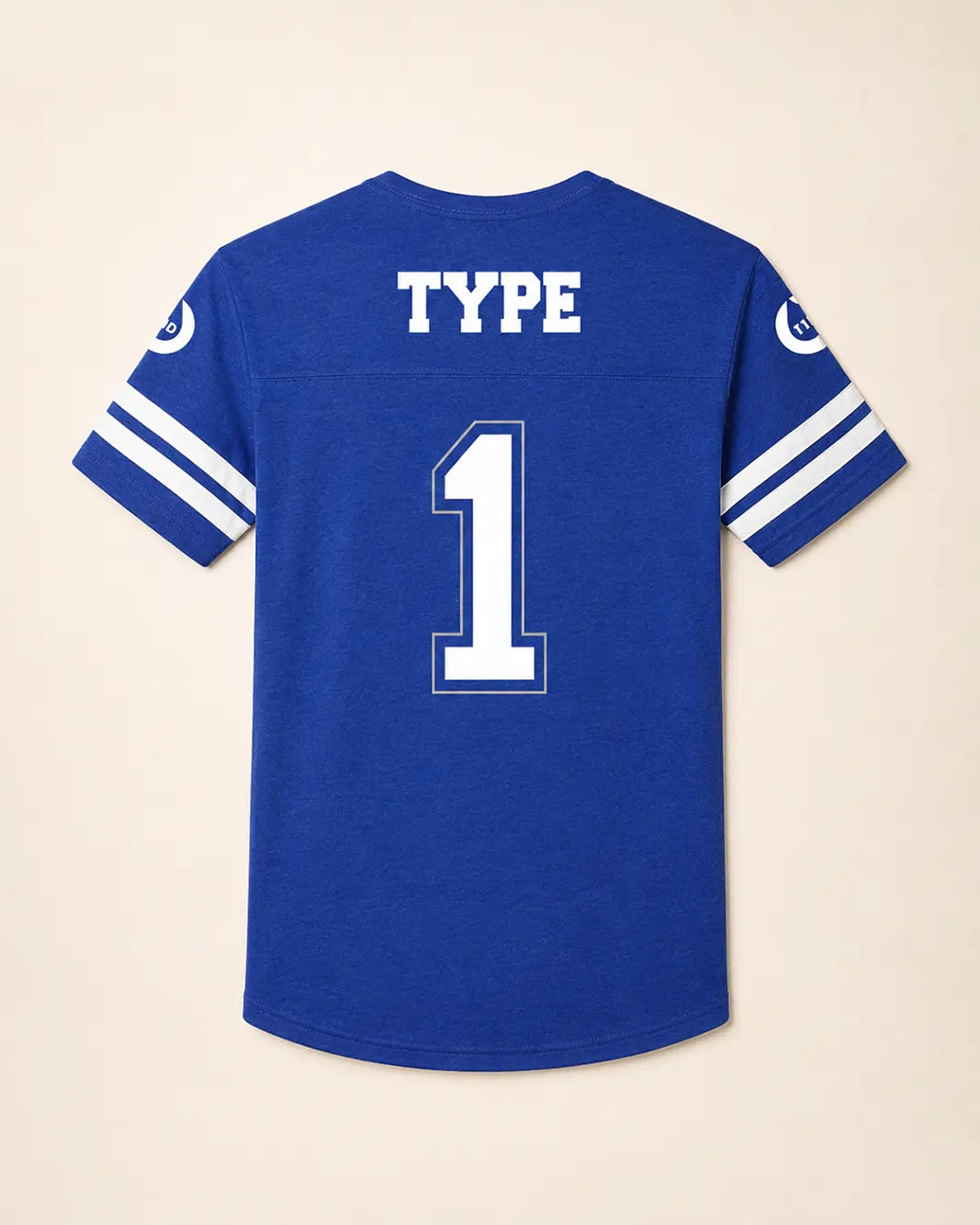 Blue sports jersey with 'TYPE' and number '1' on a beige background