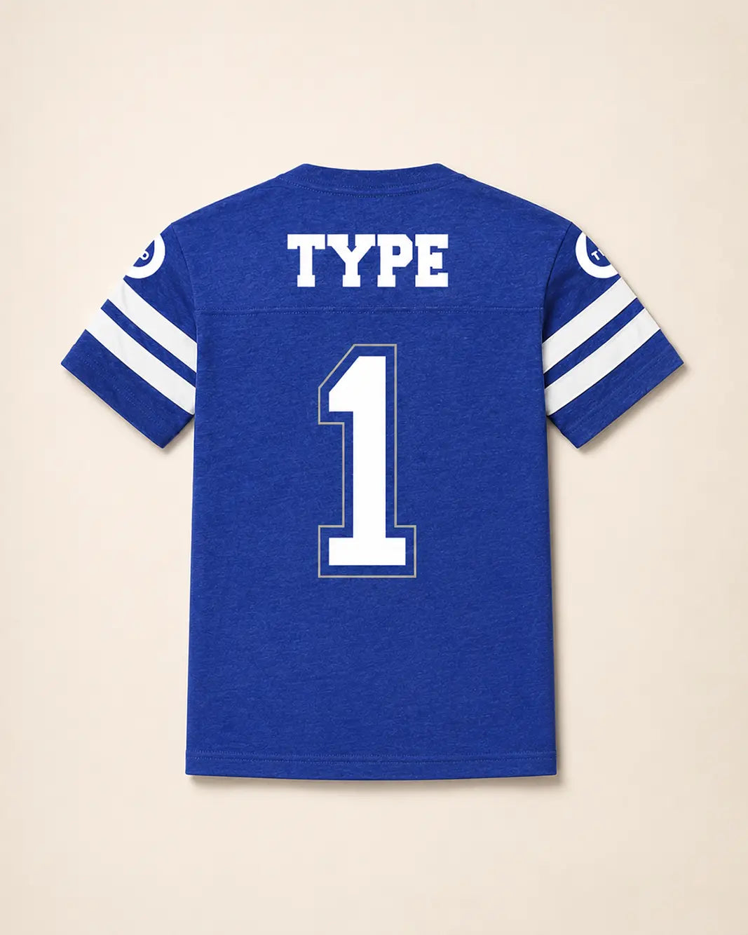 Blue sports jersey with 'TYPE' and number '1' on a beige background