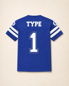 Blue sports jersey with 'TYPE' and number '1' on a beige background