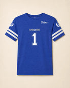 Blue t-shirt with white text and stripes on a beige background