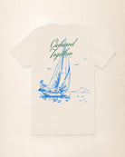 Beige t-shirt with sailboat graphic and 'Outboard Together' text on a beige background