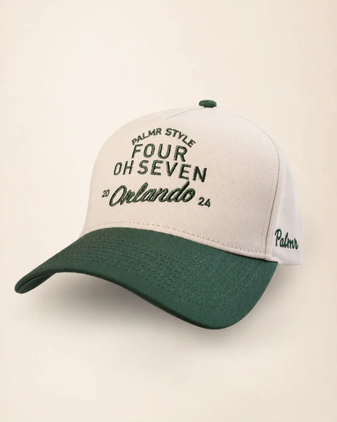 The Four Oh Seven Orlando Heritage Hat (Green): cream and green two-tone with PALMR STYLE FOUR OH SEVEN 20 Orlando 24 embroidered in green.
