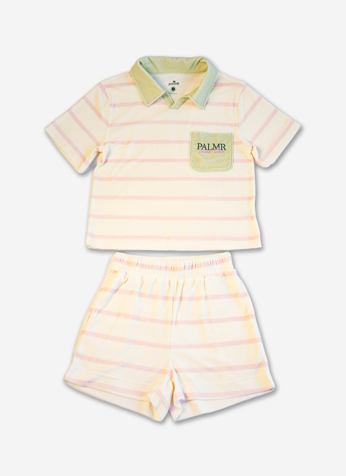 Children's striped polo shirt and shorts set with 'Palmr' branding on a white background