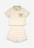 Children's striped polo shirt and shorts set with 'Palmr' branding on a white background