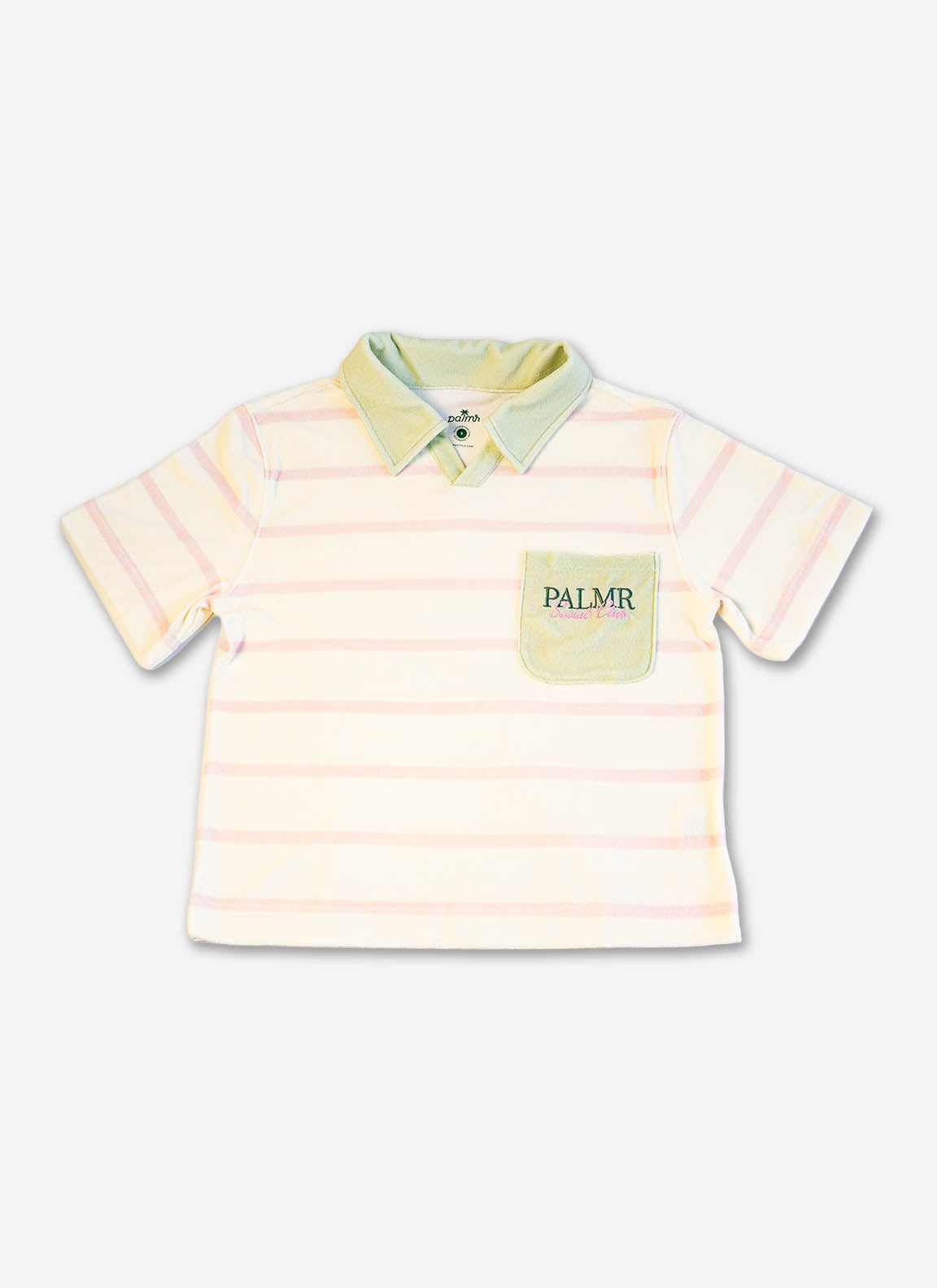 Striped polo shirt with a brand logo on a white background