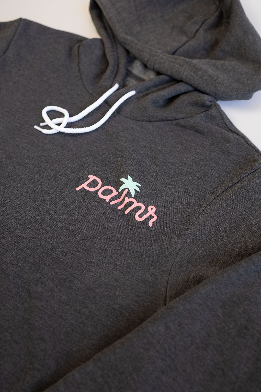 Dark gray hoodie with 'palms' logo on a white background