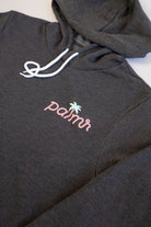 Dark gray hoodie with 'palms' logo on a white background