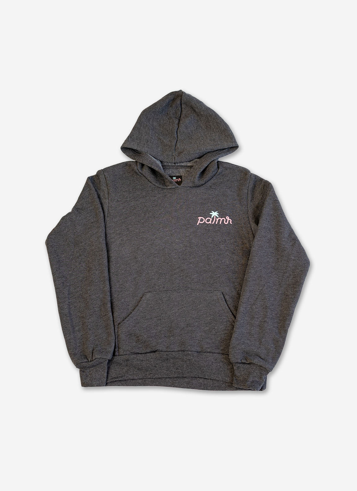 Gray hoodie with a brand logo on a white background