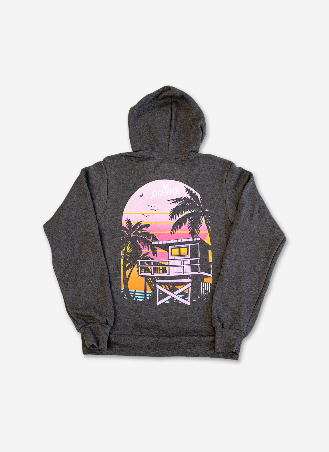 Gray hoodie with a sunset and palm tree design on the back, on a white background