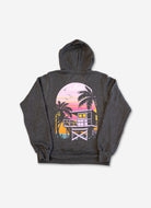 Gray hoodie with a sunset and palm tree design on the back, on a white background