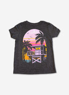 Gray t-shirt with a beach house and palm tree design on a white background