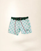 A pair of kid's swim trunks featuring a mint green and white checkered pattern, a dark green waistband, and pink drawstrings. The brand name 'Palmer' is embroidered in black script on the lower right leg.