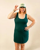 The Ace Dress in solid palm green with pockets and removable bra cups