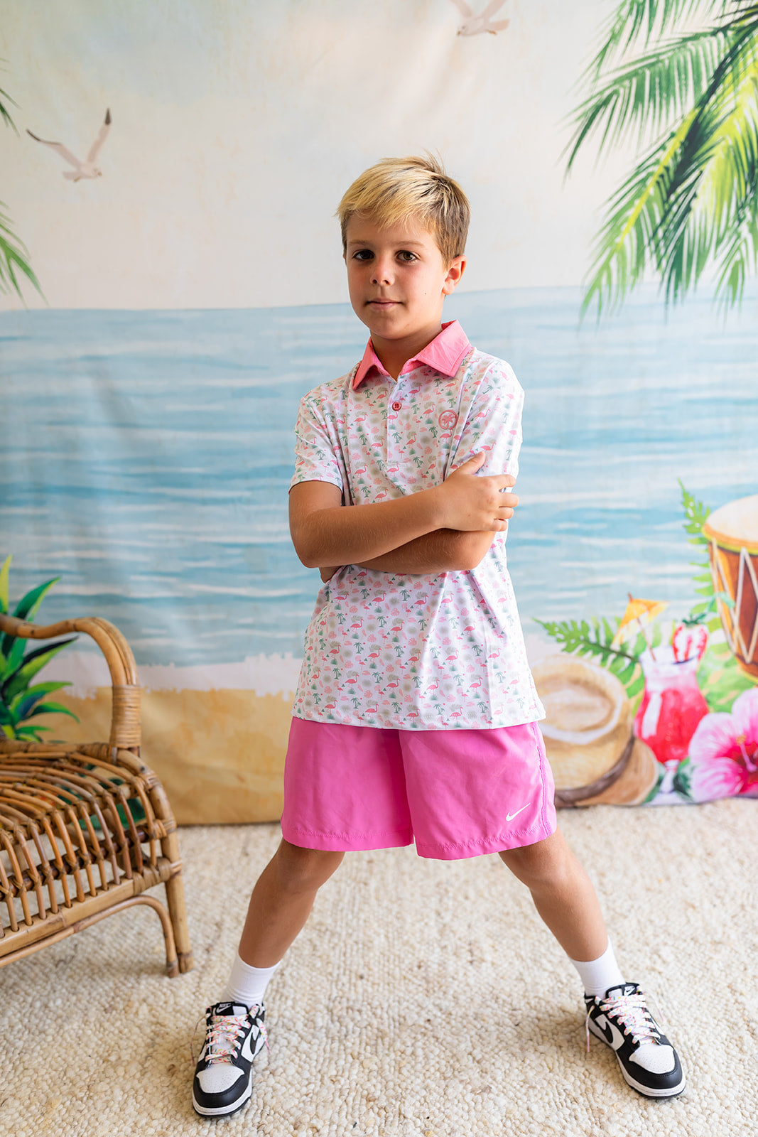 Palmr Style Kids Flamingo Sunrise Polos White Palm Tree Resort Wear Self-care T1D type 1 diabetes