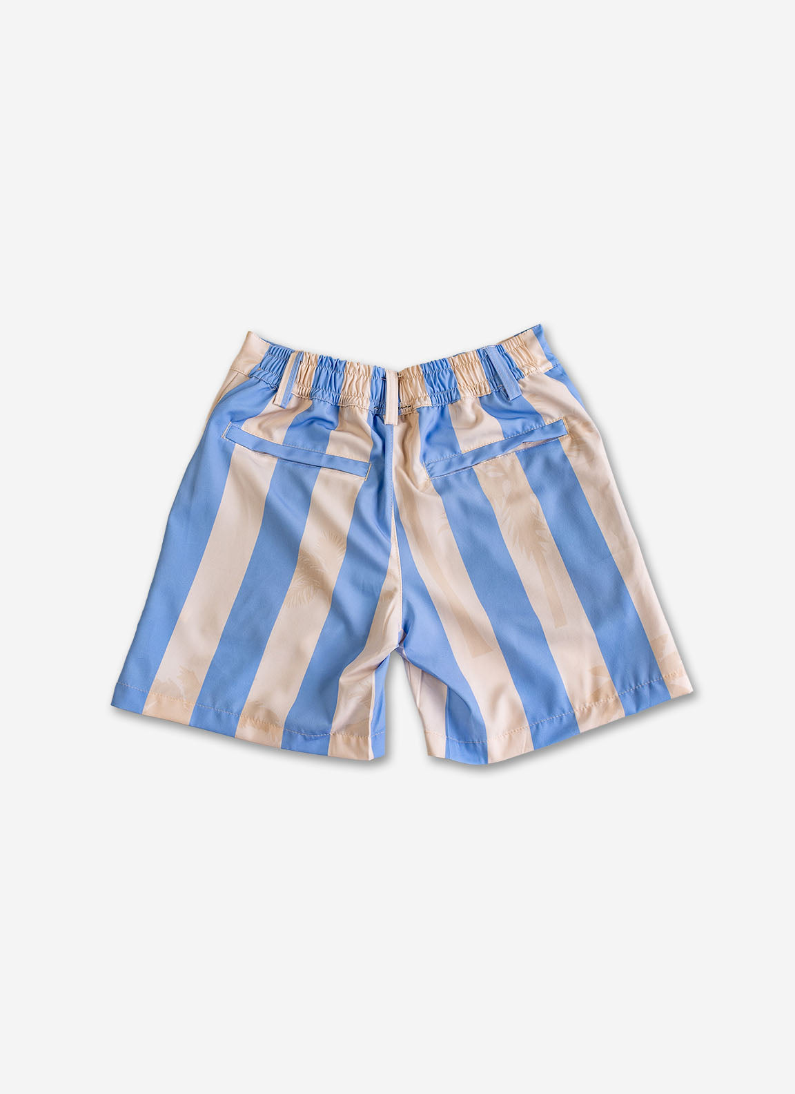 Blue and beige striped shorts on a light gray background