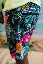 Palmr Style Baha Palm Hybrid Swim Shorts Mens Black Green Palm Leaf Flamingo Pineapple boardshorts beach bar Resort wear Self-Care