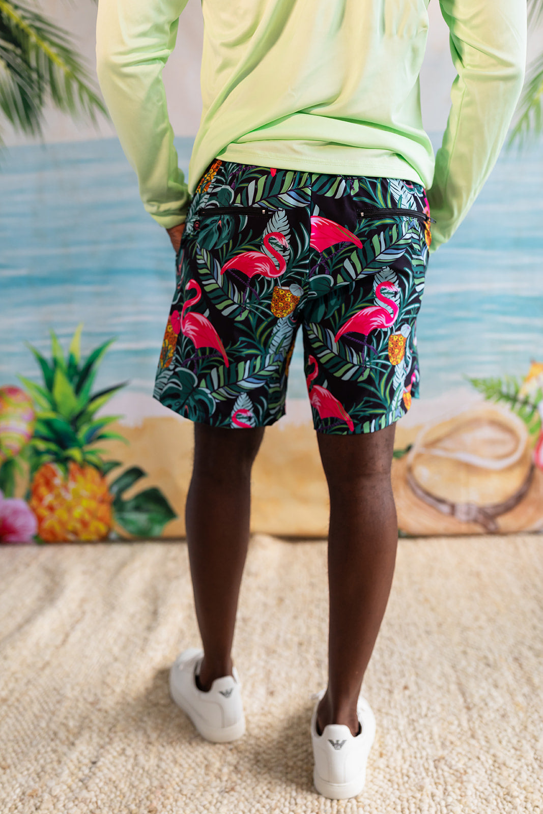 Palmr Style Baha Palm Hybrid Swim Shorts Mens Black Green Palm Leaf Flamingo Pineapple boardshorts beach bar Resort wear Self-Care