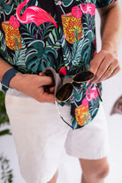 Palmr Style Baha Palm botton up short sleeve hawaiian shirt Mens Black Green Palm Leaf Flamingo Pineapple beach Resort wear Self-Care Sunglasses cleaner
