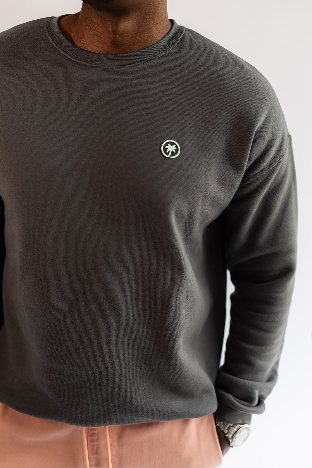 Palmr Style Mens Cloud Embrace Crewneck Sweatshirt Charcoal Grey Long Sleeve Soft Palm Tree Resort wear Self-Care