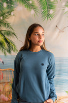 Palmr Style womens Cloud Embrace Crewneck Sweatshirt Deep Teal Long Sleeve Soft Palm Tree Resort wear Self-Care