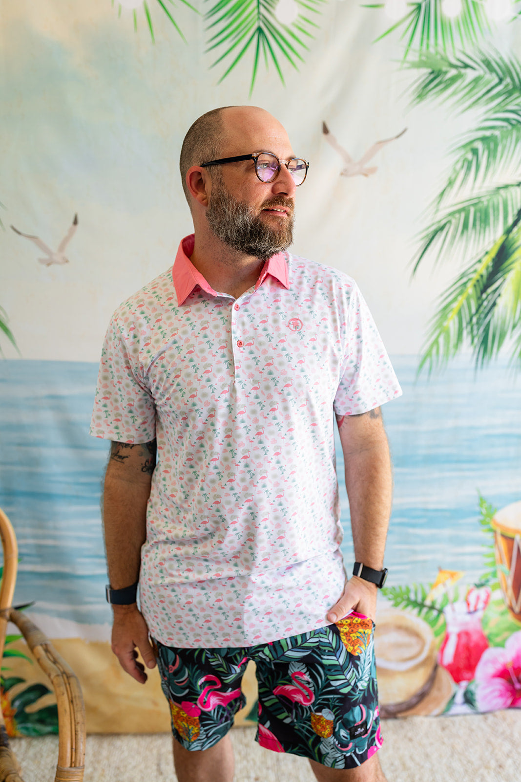 Palmr Style Mens Flamingo Sunrise Polos White Palm Tree Resort Wear Self-care T1D type 1 diabetes