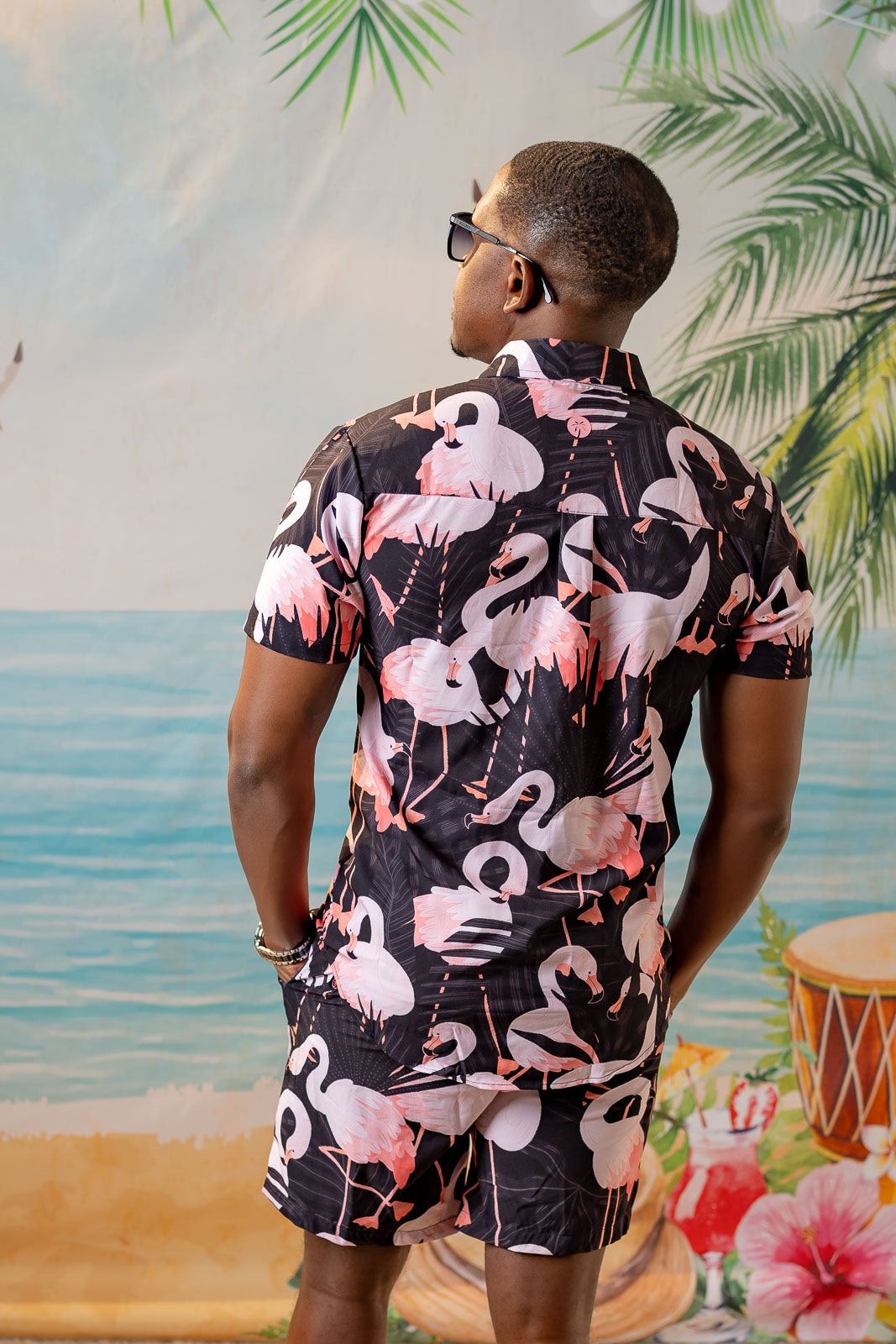 Palmr Style Mens Night Flamingo button up Short sleeve hawaiian shirt Black pink Resort Wear Selfcare T1D