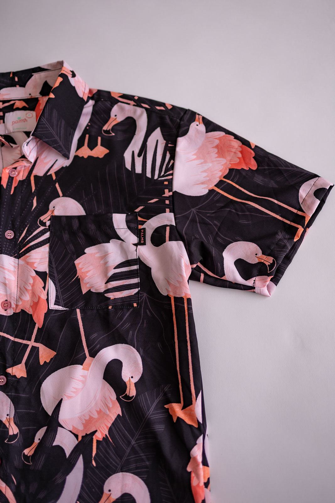 Palmr Style Mens Night Flamingo button up Short sleeve hawaiian shirt Black pink Resort Wear Selfcare T1D