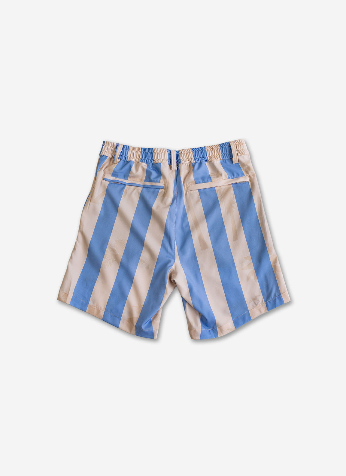 Blue and beige striped shorts on a white background