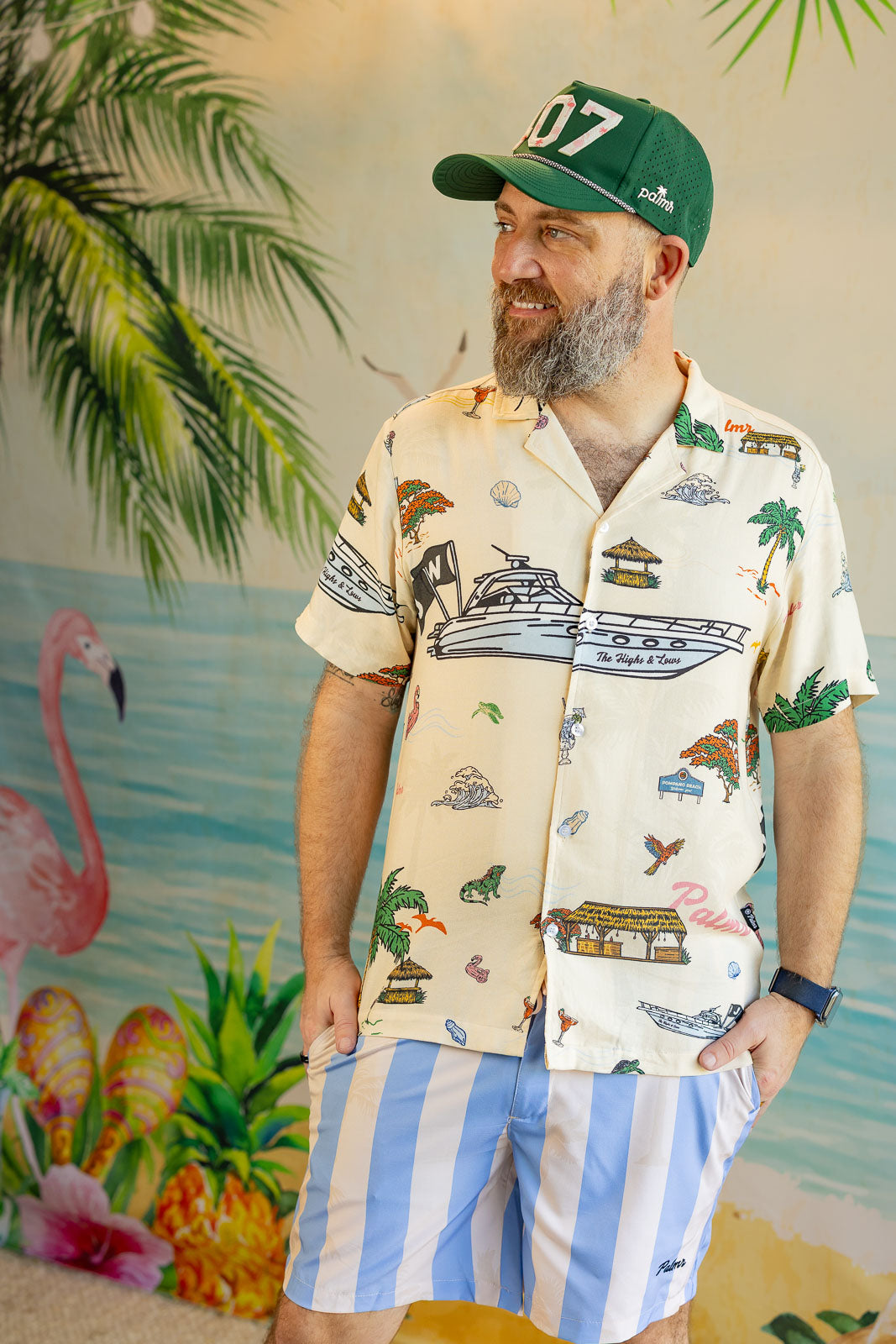 Man wearing a tropical-themed shirt and cap with a colorful background featuring flamingos and palm trees.