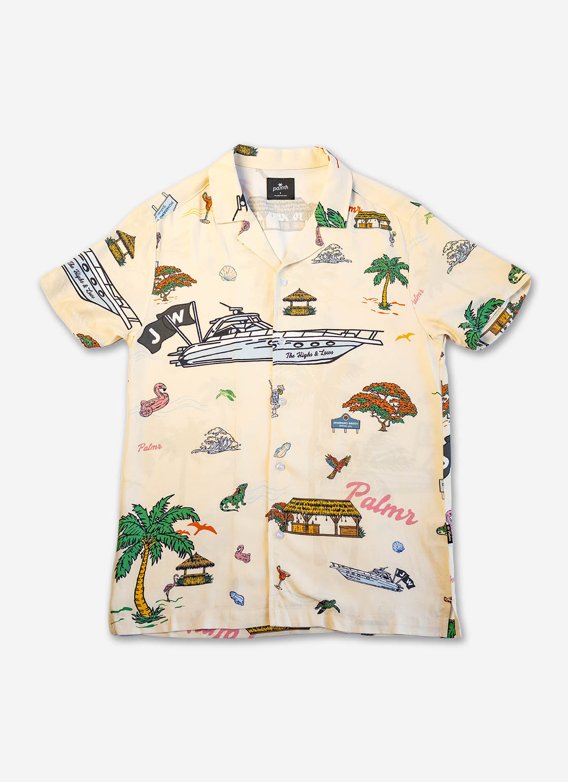 Beige Hawaiian shirt with tropical pattern on a white background