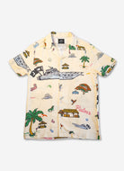 Beige Hawaiian shirt with tropical pattern on a white background