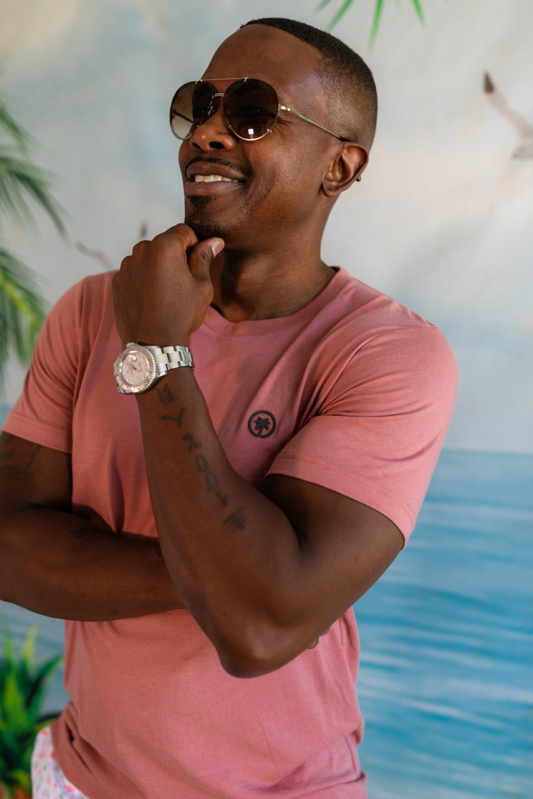 Palmr Style Mens Signature Tee Shirt Mauve Triblend Soft Short Sleeve Palm Tree Resort wear Self-Care