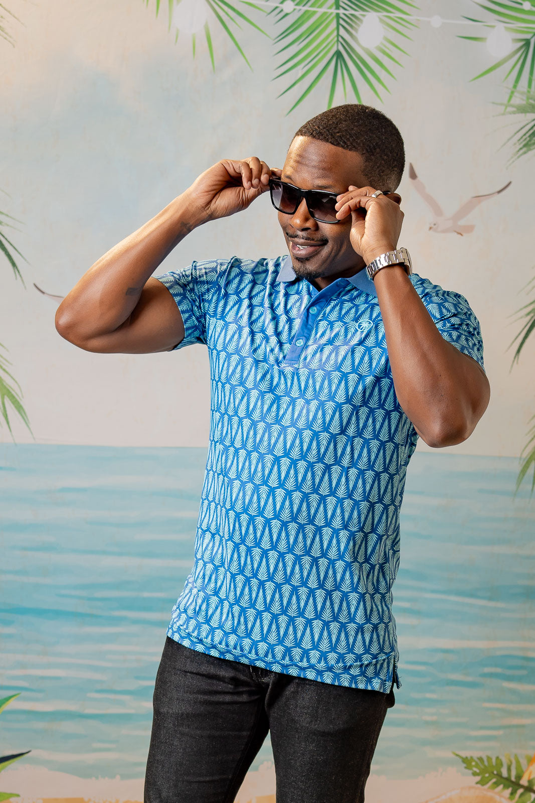 Palmr Style Mens T1D Drive Polos Blue Palm Resort Wear Self-care T1D type1diabetes