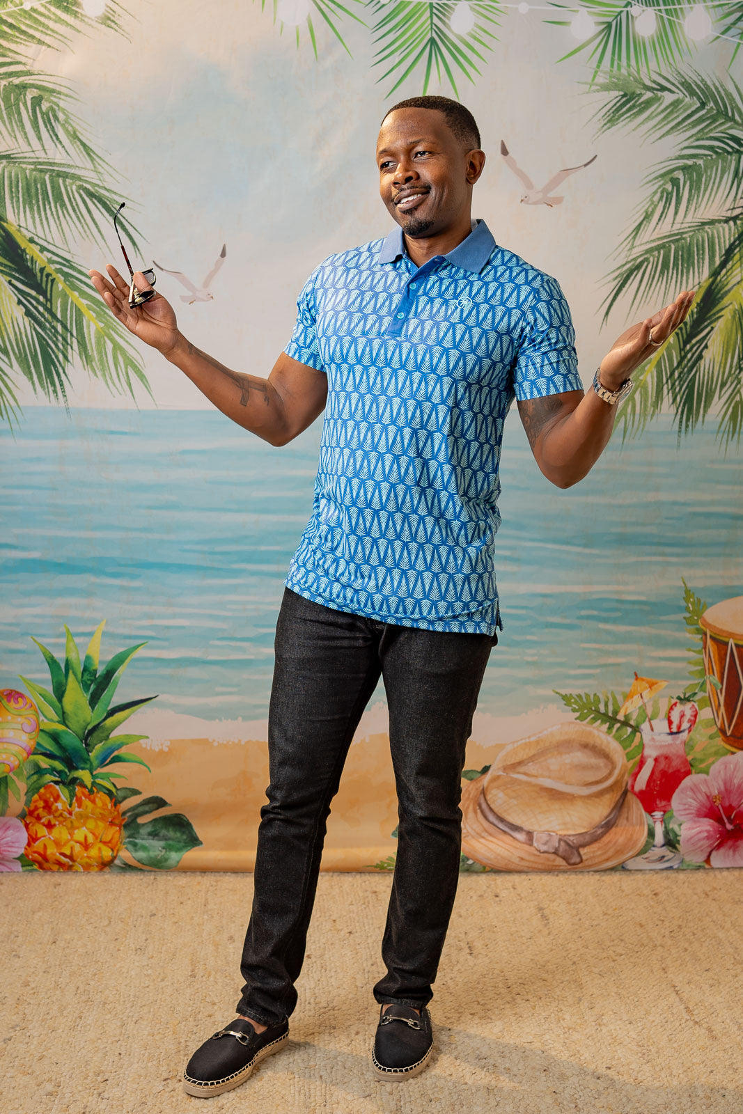 Palmr Style Mens T1D Drive Polos Blue Palm Resort Wear Self-care T1D type1diabetes