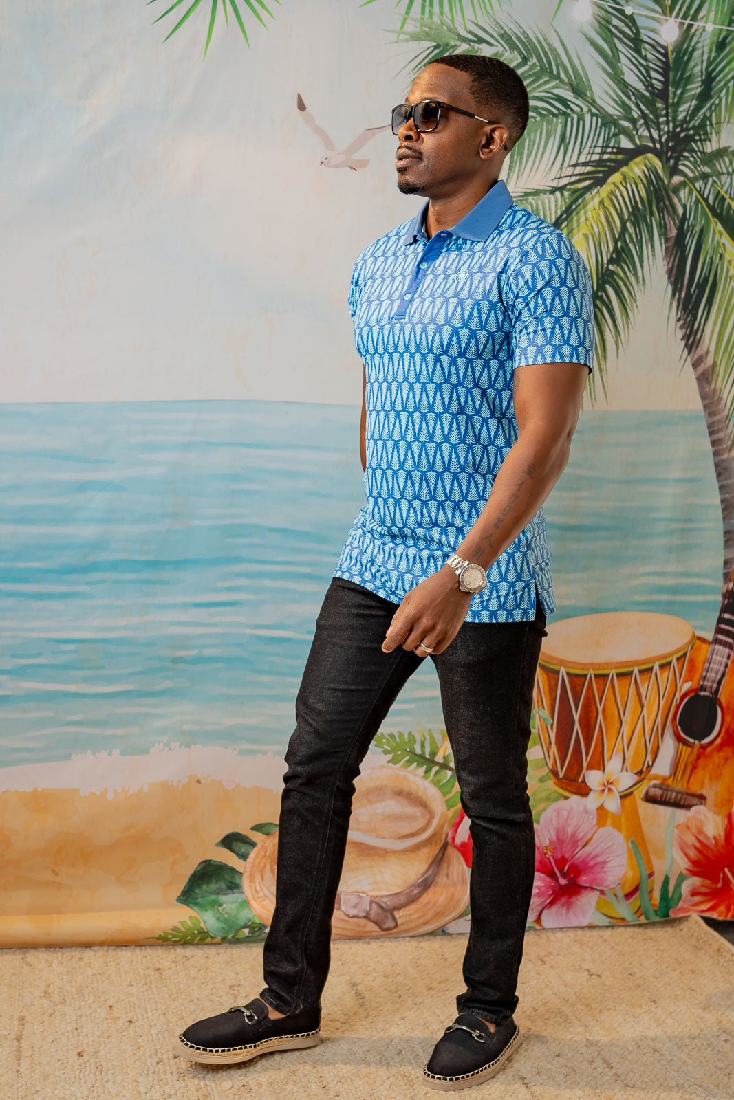 Palmr Style Mens T1D Drive Polos Blue Palm Resort Wear Self-care T1D type1diabetes