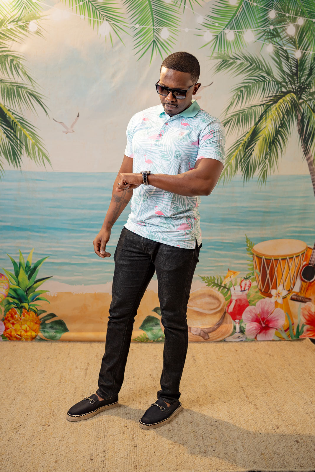 Palmr Style Mens island breeze Polos White Palm Tree Resort Wear Selfcare T1D type1diabetes