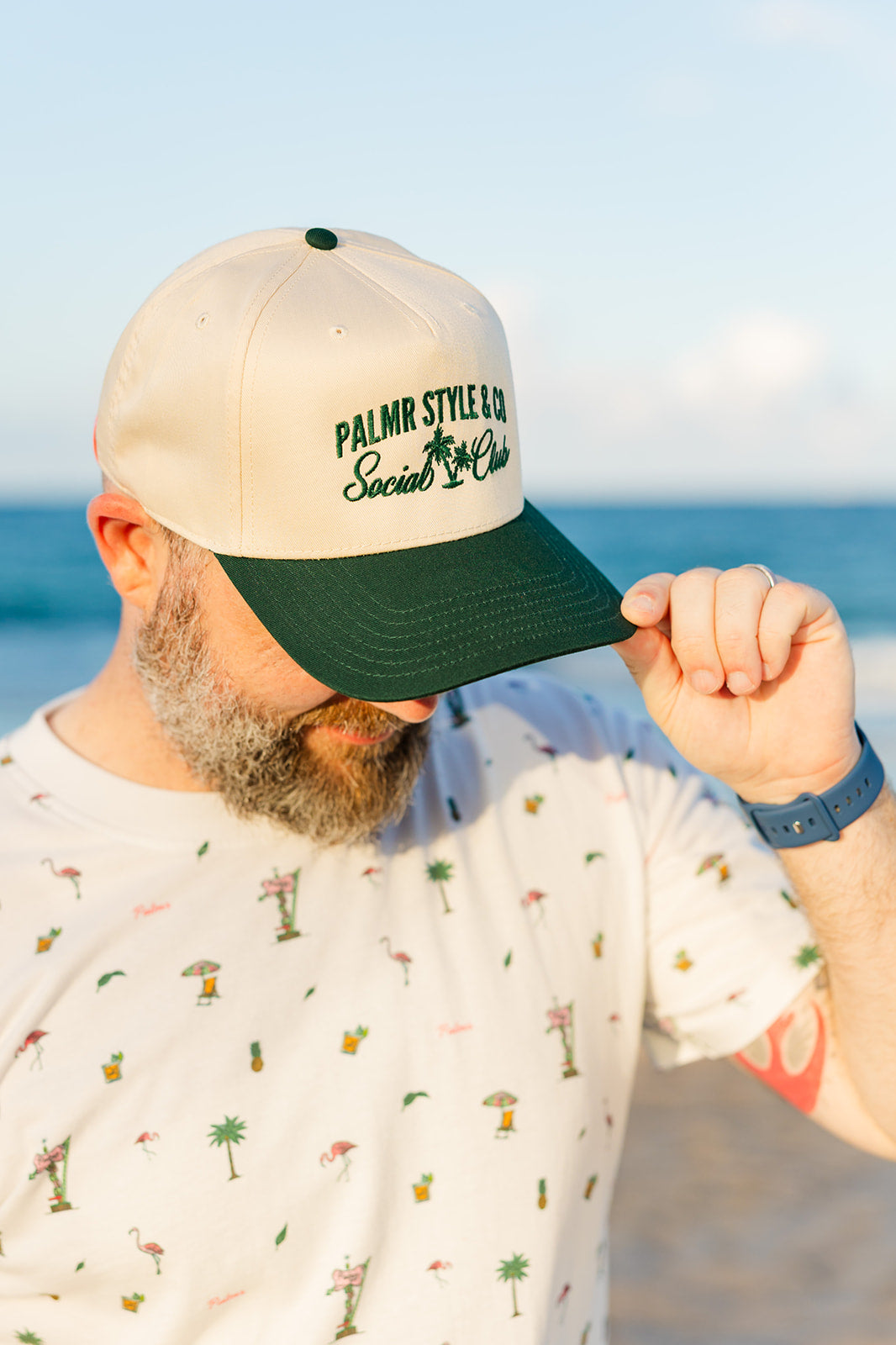 Palmr Style Social Club Hat Forest Green Natural Palm tree Resort Wear Selfcare T1D T1Dstrong