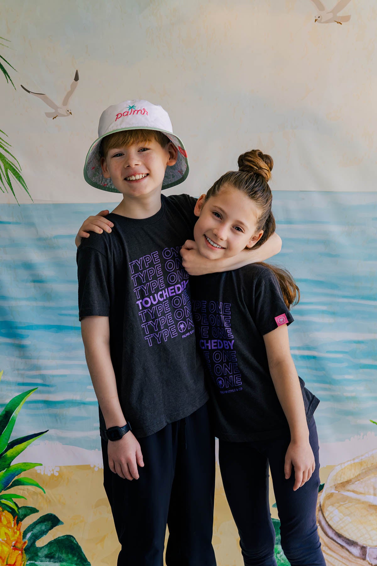 Palmr Style Youth Touched By Type One Black Tee Supporting T1D Soft Short Sleeve Palm Tree Resort wear Self-Care