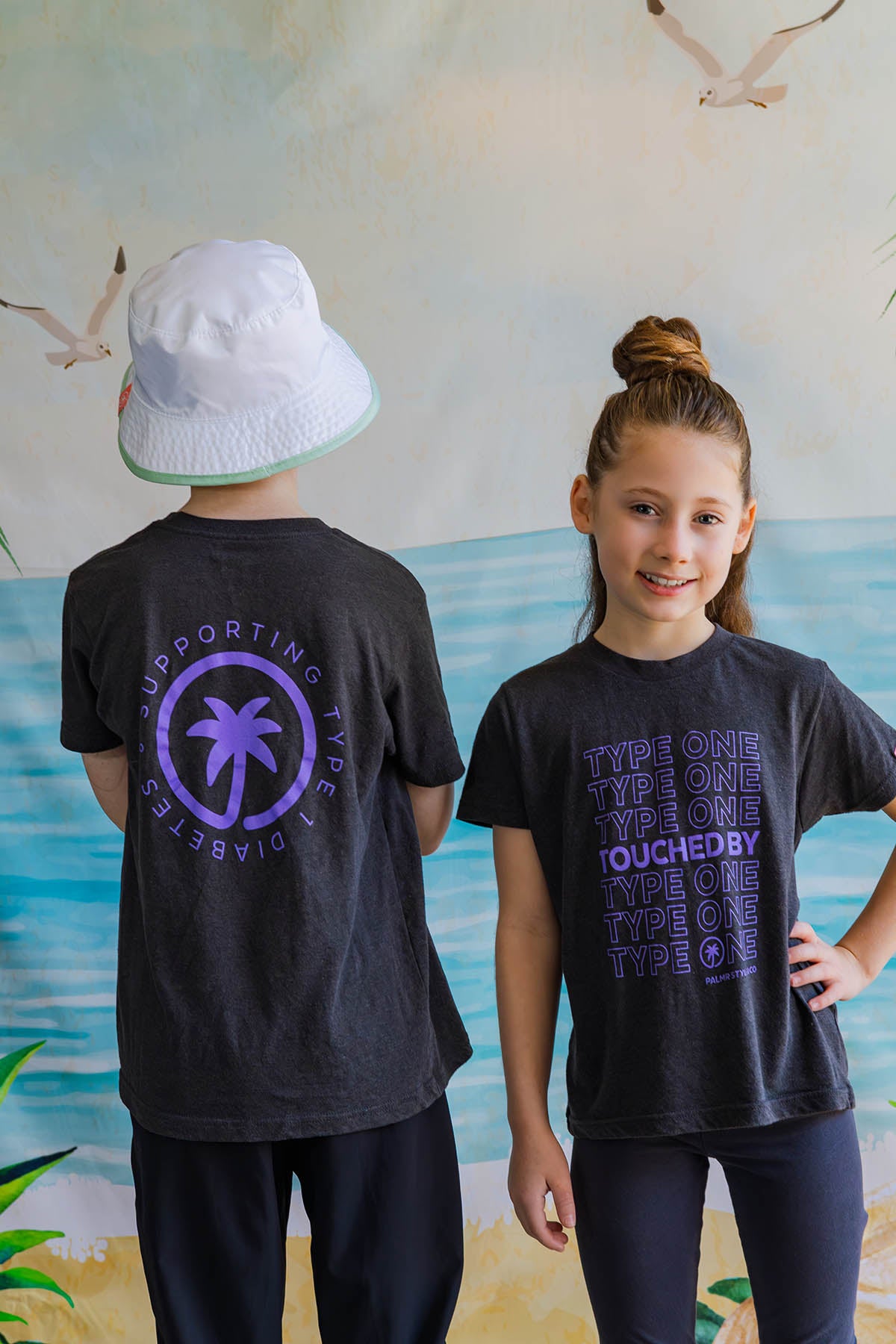 Palmr Style Youth Touched By Type One Black Tee Supporting T1D Soft Short Sleeve Palm Tree Resort wear Self-Care
