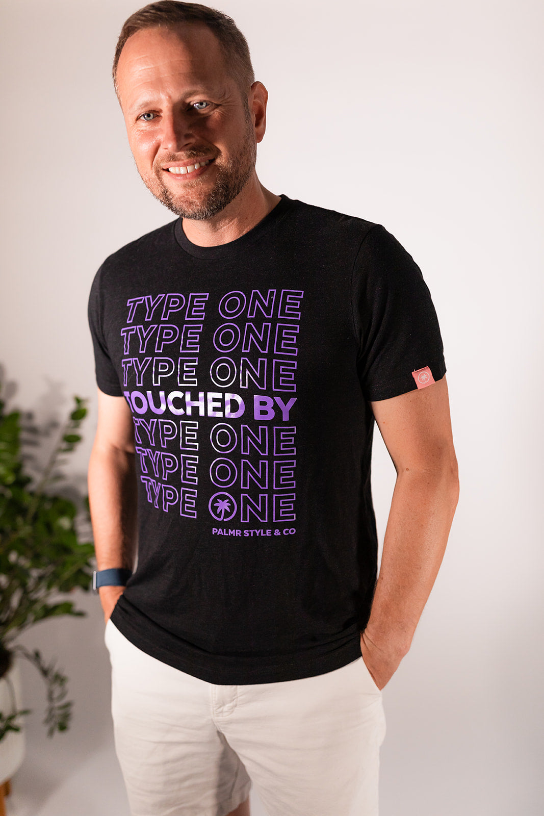 Palmr Style Unisex Touched By Type One Black Tee Supporting T1D Soft Short Sleeve Palm Tree Resort wear Self-Care