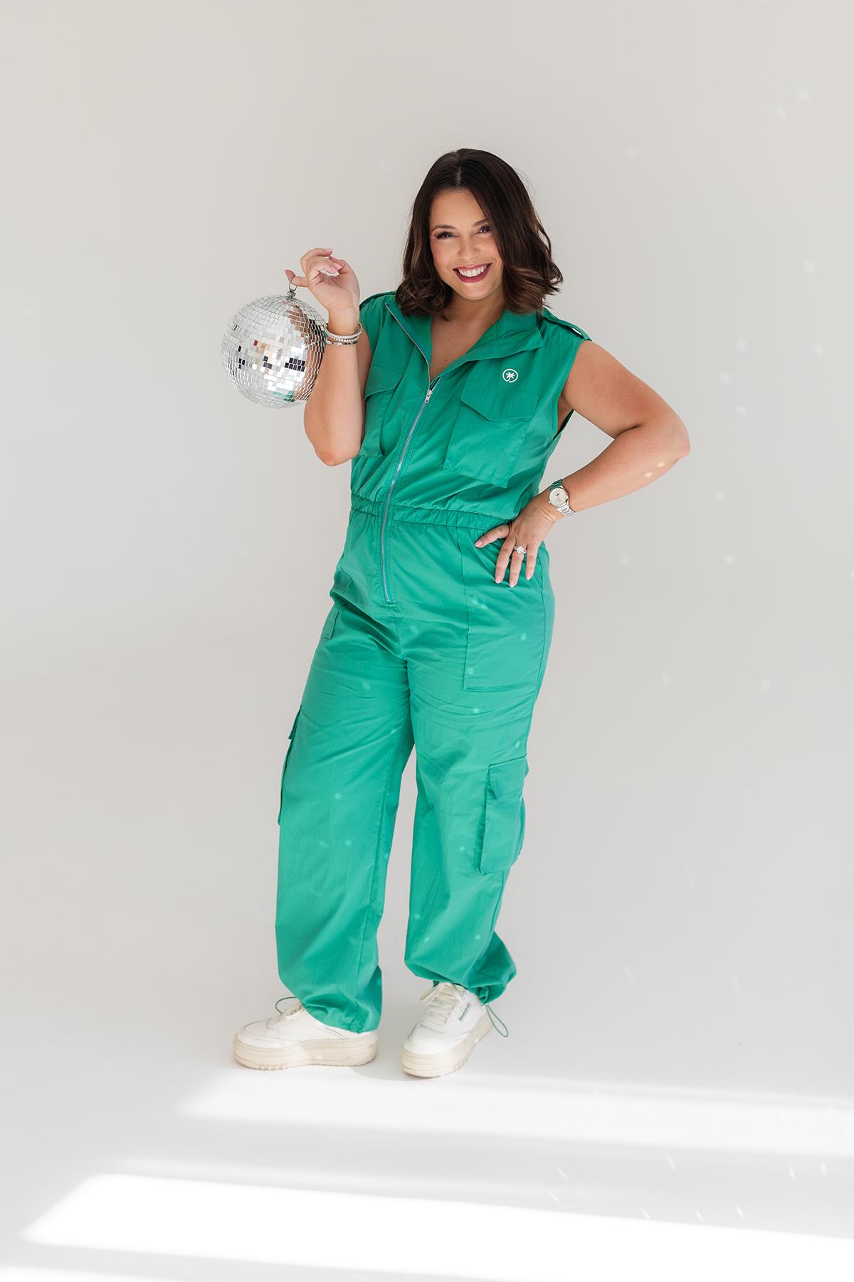 Palmr Style Womens Caddie Green Jumpsuit Cargo Pockets Golf Palm Tree Resort Wear Self-Care T1D