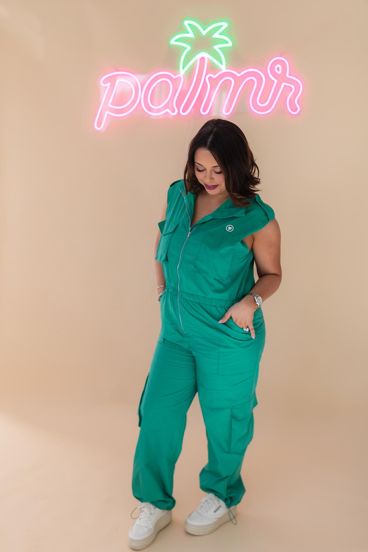 Palmr Style Womens Caddie Green Jumpsuit Cargo Pockets Golf Palm Tree Resort Wear Self-Care T1D