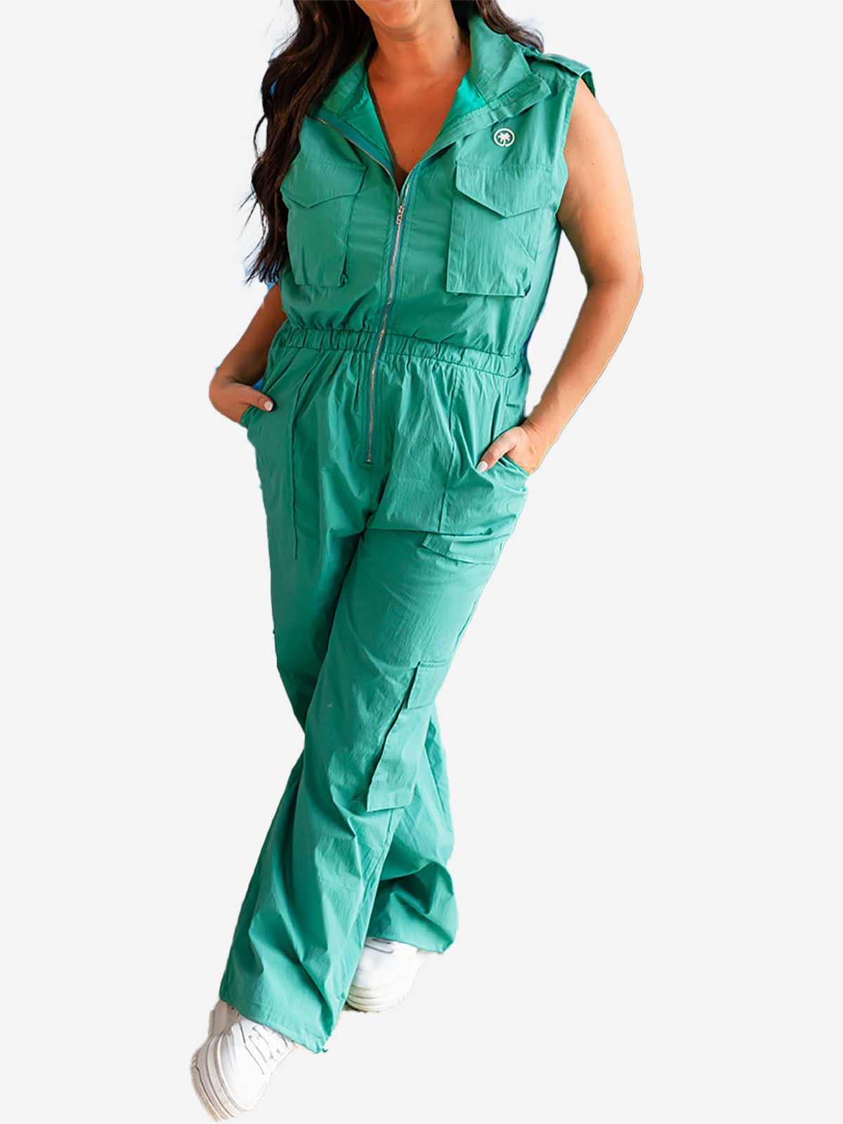 Palmr Style Womens Caddie Green Jumpsuit Cargo Pockets Golf Palm Tree Resort Wear Self-Care T1D