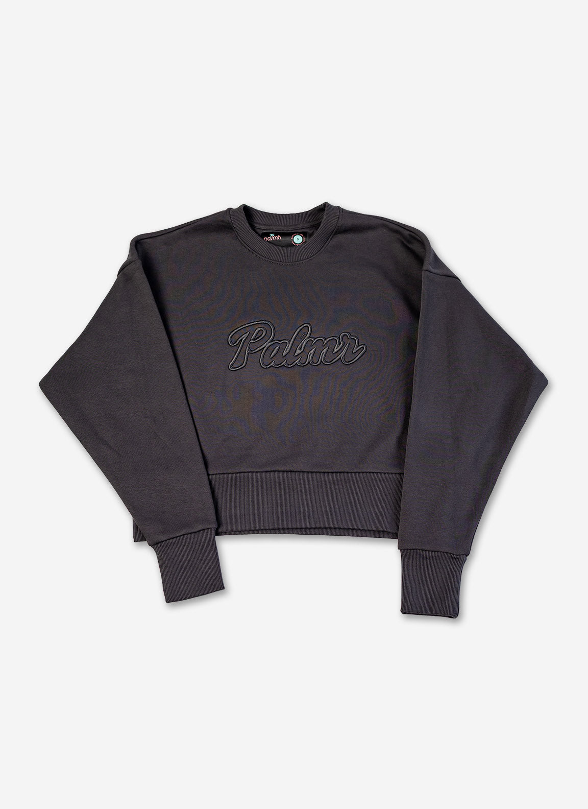 Black sweatshirt with 'Palmer' branding on a white background