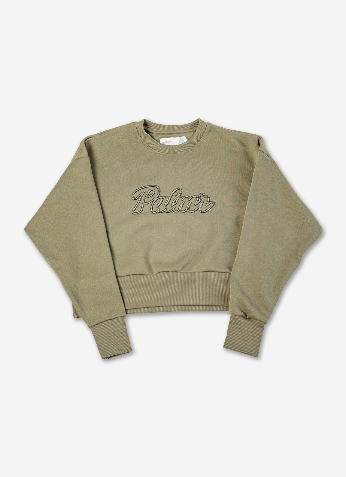 Olive sweatshirt with 'Palmr' branding on a light gray background