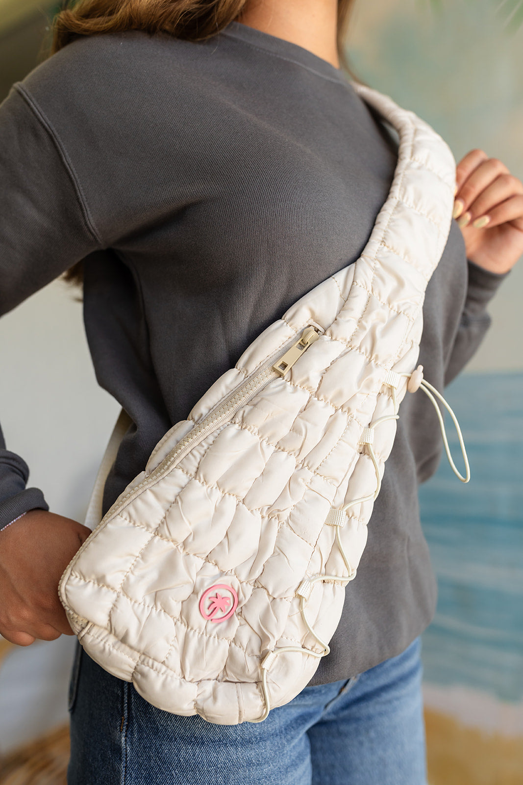 Palmr Style Womens Quilted Sling Bag Ivory Palm Tree Resort Wear Self-care